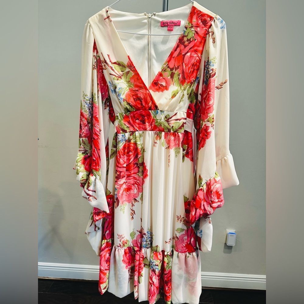 NWT VTG Betsey Johnson Ivory Rose Boho Bell Sleeve V-Neck Floral Ruffle Dress Si